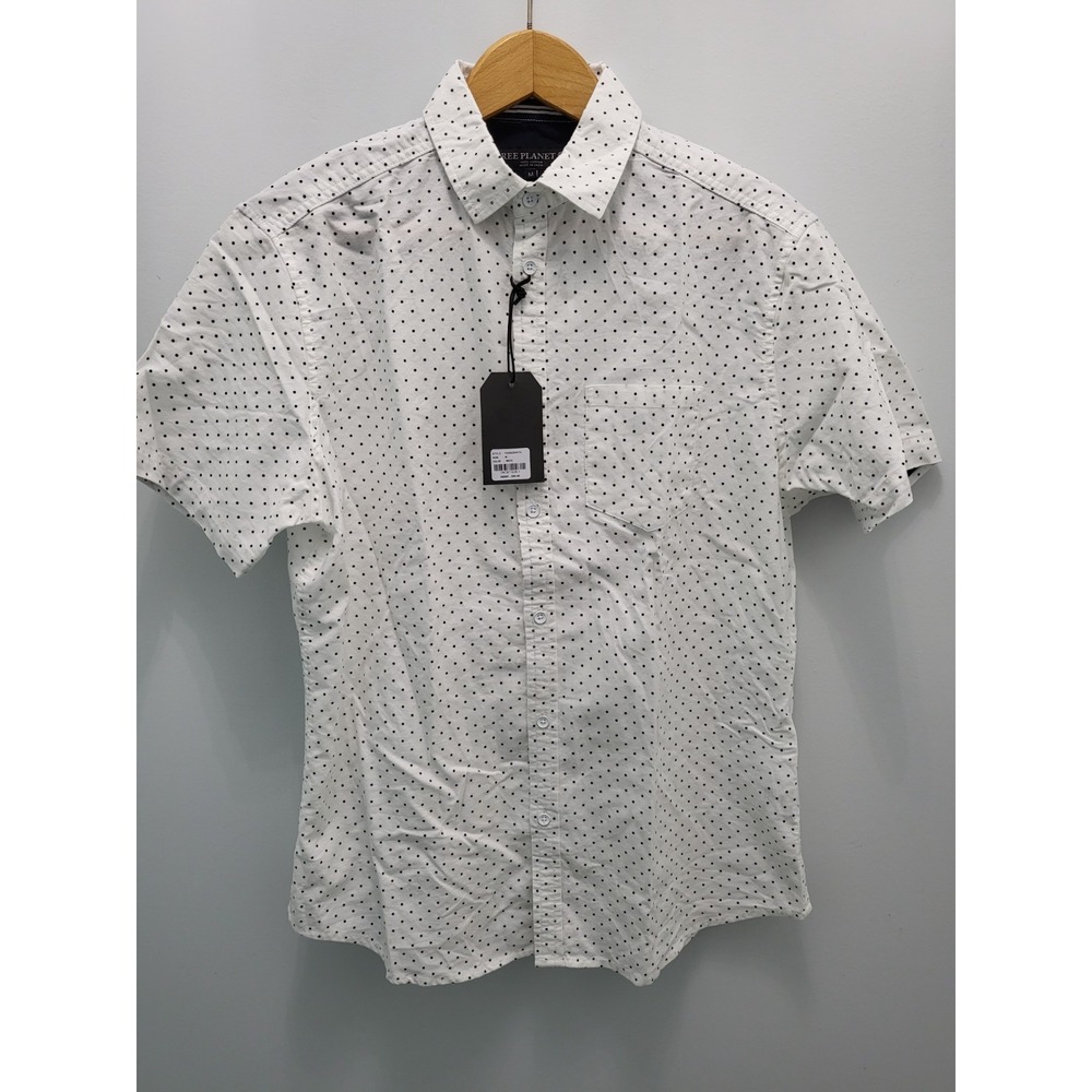 Free Planet Shirt Mens M White Cotton Black Polka Dots Short Sleeve New